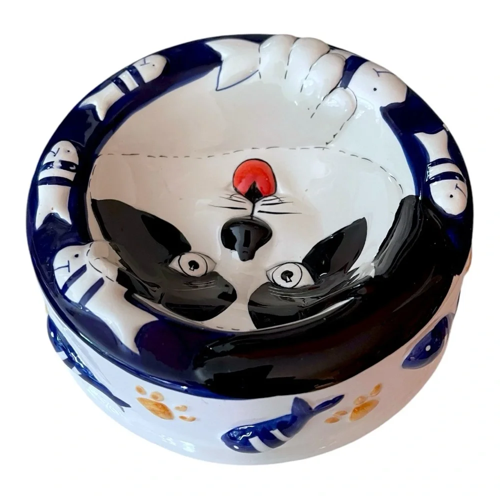 NEW Vtg Baum Bros. Hand Painted Ceramic 3D Fish & Paws Kitty Cat Food/Dish Bowl